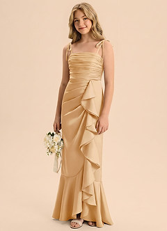 Azazie Ryan Junior Vestido Oro de Satén Elástico de Corte Recto con Lazo image4