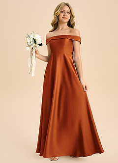 Azazie Sissy Junior A라인 오프 더 숄더 스트레치 새틴 플로어 길이 주니어 신부 들러리 드레스 image3