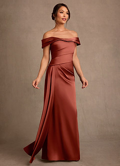 Azazie Beah Mother of the Bride Dresses Terracotta Sheath Off the Shoulder Stretch Satin Dress image2