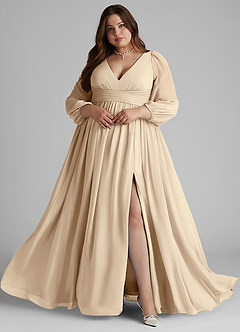 Azazie Norah At-home Try On Dresses Champagne A-Line V-Neck Long Sleeve Chiffon Dress image8