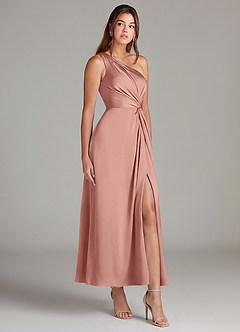 Azazie Brooke Suknie dla druhen Linia A Jedno ramię Satyna elastyczna Długość kostki Sukienka image4