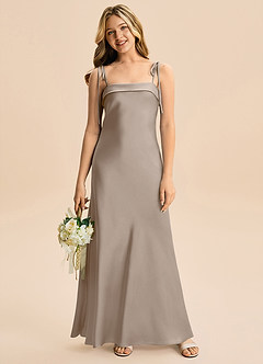 Azazie Willa Junior Taupe Mermaid Bow Stretch Satin Dress image4