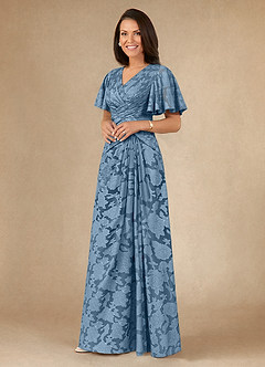 Azazie Emmeline Mother of the Bride Dresses Steel Blue A-Line Pleated Floral Burnout Dress image3