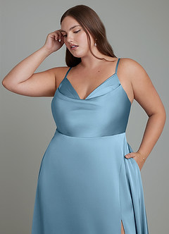 Azazie Sarella Brautjungfernkleider A-Linie Plissee Stretch-Satin Kleid Stahlblau image9