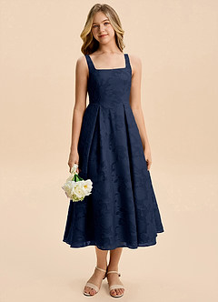 Azazie Amalie Junior Dark Navy A-Line Ruched Floral Burnout Dress image6