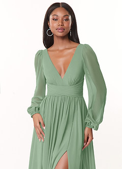 Azazie Norah Robes de demoiselle d'honneur Robe Trapèze en Mousseline de soie Col en V, manches longues Matcha image5