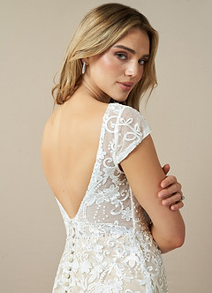 Azazie Devonna Wedding Dresses Diamond White Champagne Sheath V-Neck Sequins Lace Dress image5