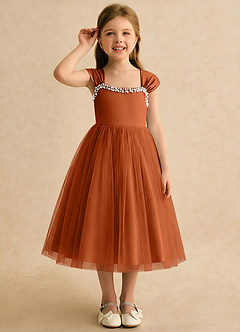 Azazie Yosemite Robe Demoiselle D'honneur Fillette Robe Princesse en Tulle Encolure en Forme de Cœur Orange Brûlée image5