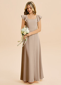 Azazie Bondi Junior Taupe A-Line Side Slit Stretch Satin Dress image5