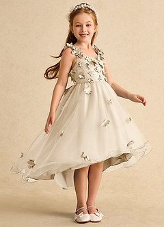 Azazie Tweety Robe Demoiselle D'honneur Fillette Robe Trapèze en Tulle Dentelle Champagne image4