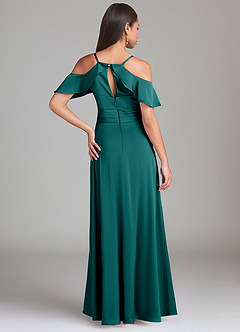 Azazie Dakota Bridesmaid Dresses Peacock A-Line Off the Shoulder Stretch Satin Dress image2