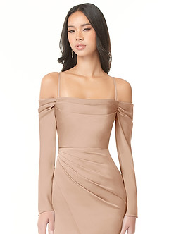 Azazie Hallie Bridesmaid Dresses English Rose Sheath Off-The-Shoulder Long Sleeve Stretch Satin Convertible Dress image2