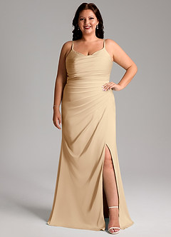 Azazie Deandra Bridesmaid Dresses Champagne Mermaid Pleated Stretch Satin Dress image7