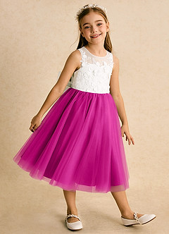 Azazie Lina Flower Girl Dresses Ivory Fuchsia Ball-Gown Lace Dress image4