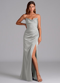 Azazie Claudelle Vestidos de madrinha de casamento Vestido Prata de Cetim elástico de sereia com Sem alças image5