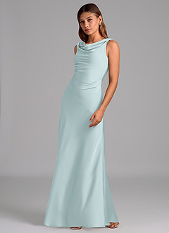 Azazie Nerine 신부 들러리 드레스 A라인 주름진 스트레치 새틴 바닥 길이 드레스 image4