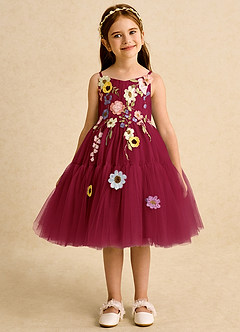 Azazie Osea Flower Girl Dresses Burgundy Ball-Gown Pleated Tulle Dress image7
