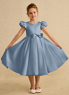 Azazie Pearl vestidos de niña de las flores Vestido de Azul Polvoriento de Satin Mate de Princesa con Plisado image4