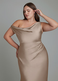 Azazie Emerson Bridesmaid Dresses Taupe Mermaid Off the Shoulder Stretch Satin Dress image5