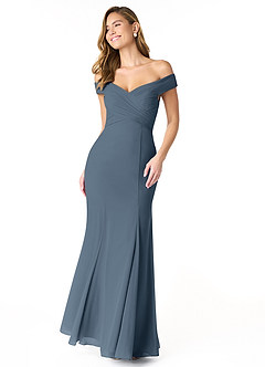 Azazie Lecia Abiti da Damigella Abito Convertibile Impero in Chiffon A pieghe con spalle scoperte Blu Nettuno image1
