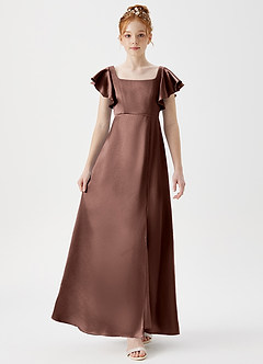 Azazie Bondi Junior Espresso A-Line Side Slit Metallic Satin Dress image4