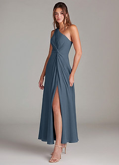 Azazie Brooke 신부 들러리 드레스 A라인 한쪽 어깨 쉬폰 발목 길이 드레스 image3