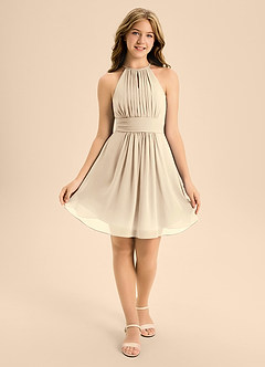 Azazie Bonnie Junior Champagne A-Line Pleated Chiffon Dress image1