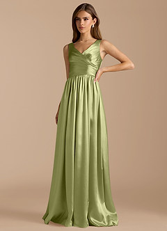 Azazie Keyla Bridesmaid Dresses Pistachio A-Line Pleated Metallic Satin Dress image5