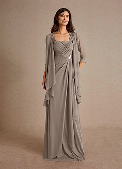 Azazie Clinton Mother of the Bride Dresses Taupe A-Line Pleated Mesh Dress image4