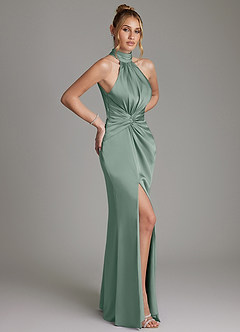 Azazie Gracelynn Bridesmaid Dresses Silver Sage Sheath Pleated Stretch Satin Dress image7