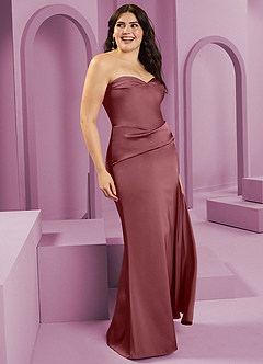 Barbie ♥ Azazie Robes de demoiselle d'honneur Robe Fourreau Convertible en Satin extensible Sans bretelle Rose Du Désert image13