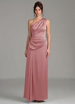 Azazie Zahira Robes de demoiselle d'honneur Robe Fourreau en Satin extensible Une épaule Rose Poussiéreuse image3