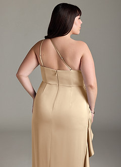 Azazie Latrice Bridesmaid Dresses Champagne Sheath One Shoulder Cascading Ruffles Stretch Satin Dress image12