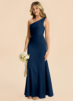 Azazie Ren Junior Dark Navy A-Line Pleated Stretch Satin Dress image3