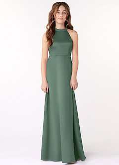 Azazie Laurel Junior Eucalyptus A-Line Matte Satin Dress image1