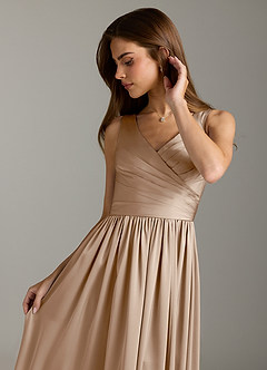 Azazie Keyla Bridesmaid Dresses Taupe A-Line Pleated Stretch Satin Dress image8