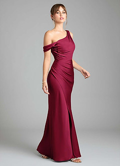 Azazie Madelyn Bridesmaid Dresses Burgundy Mermaid One Shoulder Stretch Satin Convertible Dress image5