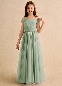 Azazie Yuna Junior Formal Flower Girl Dresses Dusty Sage A-Line Off the Shoulder Tulle Dress image6
