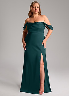 Azazie Saige Bridesmaid Dresses Pine Sheath Off the Shoulder Stretch Satin Dress image11