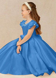 Azazie Jewel Flower Girl Dresses Blue Jay Ball-Gown Pleated Matte Satin Dress image3
