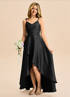 Azazie Eirlys Junior Robe Trapèze en Satin extensible Plissé Noir image1