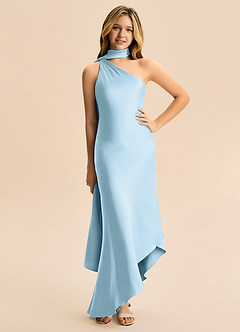 Azazie Briony Junior Vestido Céu Azul de Cetim elástico de Bainha com Plissado image3