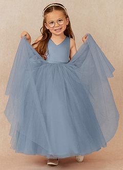 Azazie Marybell Flower Girl Dresses Dusty Blue A-Line Bow Tulle Dress image3