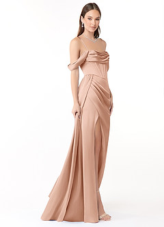 Azazie Amyra Bridesmaid Dresses Rose Gold Sheath Off the Shoulder Stretch Satin Convertible Dress image7