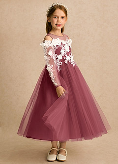 Azazie Lilah vestidos de niña de las flores Vestido Merlot de Tul de Línea A con Encaje image3