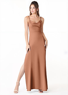 Azazie Alaija Bridesmaid Dresses Bronzer Mermaid Side Slit Stretch Satin Dress image2