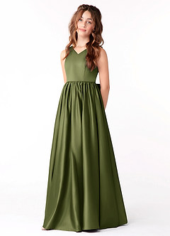 Azazie Hathaway Junior Olive A-Line Bow Stretch Satin Dress image3