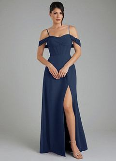 Azazie Cece Robes de demoiselle d'honneur Robe Trapèze en Mousseline de soie Épaule décolletée Bleu Marine Foncé image4