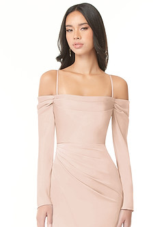 Azazie Hallie Jurken voor bruidsmeisjes Converteerbaar Jurk van Stretch Satijn met Kolom Off-the-shoulder lange mouw Blozend Roze image2