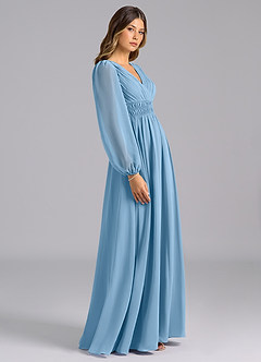Azazie Palerma Bridesmaid Dresses Steel Blue A-Line Long Sleeve Chiffon Dress image3